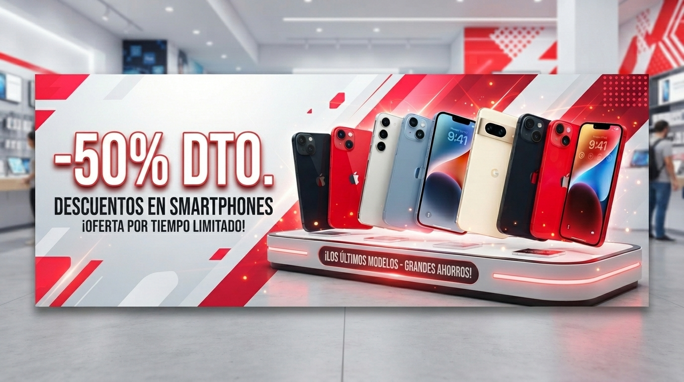 Smartphones on display with a 50% off sign